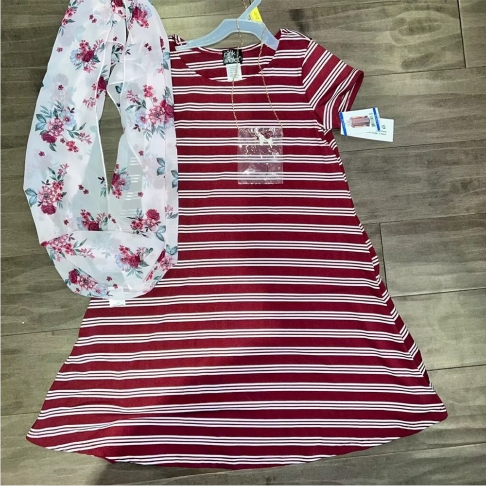 Girls Pink & Violet stripe Dress size 10/12 NEW dress/necklace/scarf